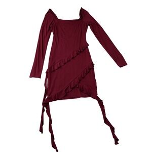 Lush Mini Dress Women XS Wine Red Ruffle‎ Long Sleeve Bodycon DR99476-003 NEW